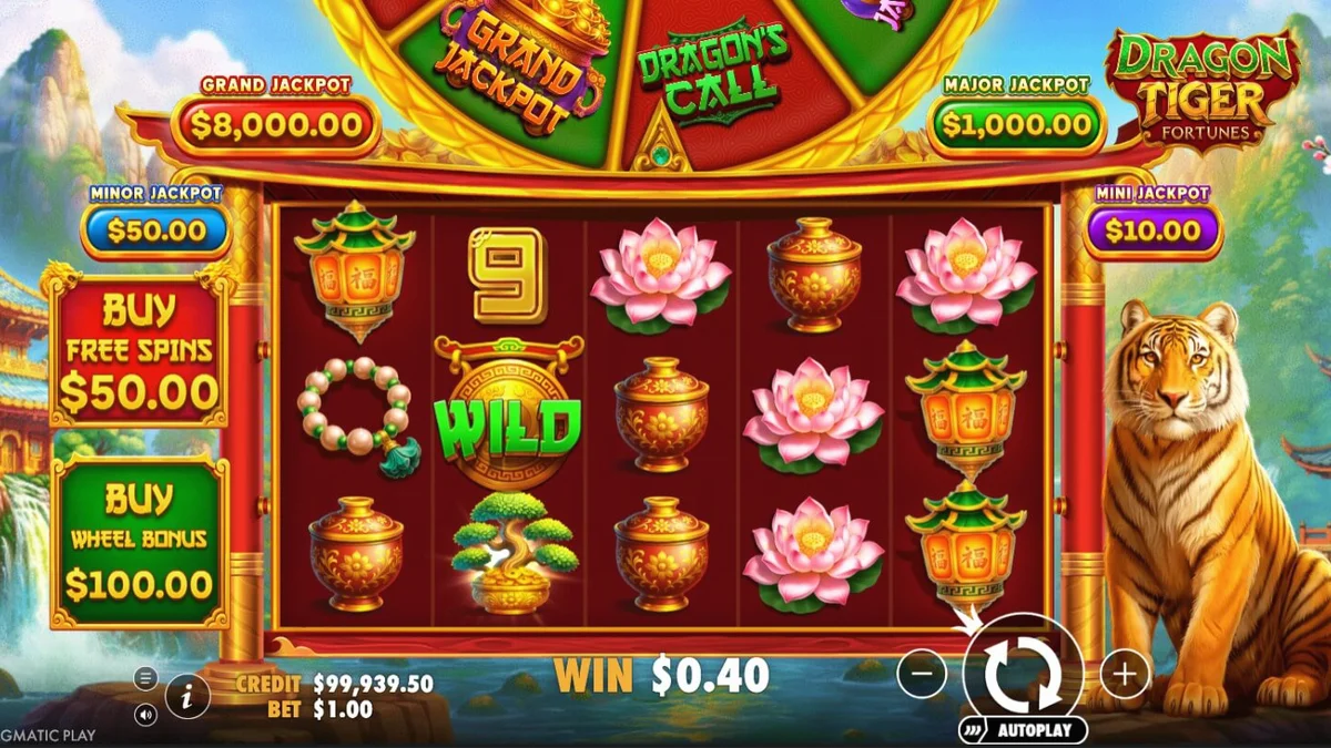 Tampilan visual slot Dragon Tiger Fortunes dengan tema oriental yang megah