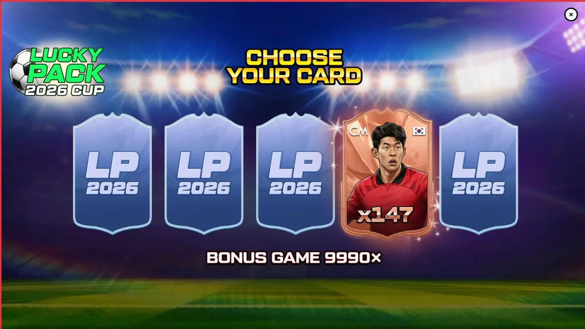 Tampilan layar permainan slot Lucky Pack 2026 Cup dengan tema stadion sepak bola yang megah