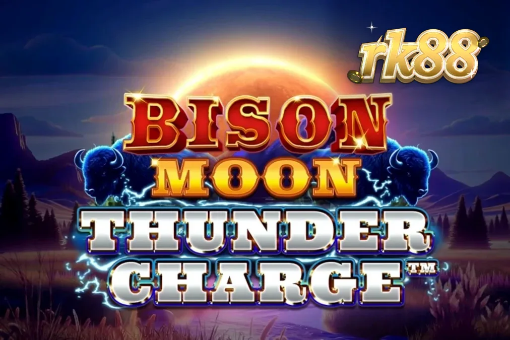 Tampilan visual slot Bison Moon: Thunder Charge dengan latar belakang badai petir dan bison.